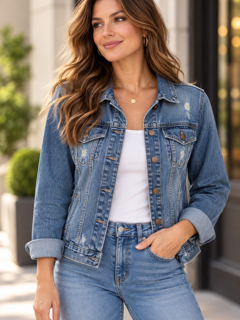 Boyfriend Distressed Denim Trucker Jacket Medium Wash Women's M STS Blue Ella